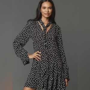 Long-Sleeve Tie-Neck Swing Mini Dress